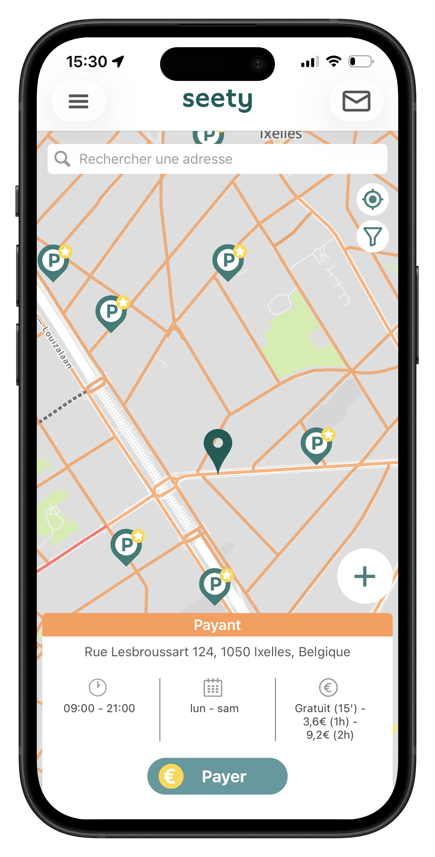 Écran de l'application Seety - stationnement