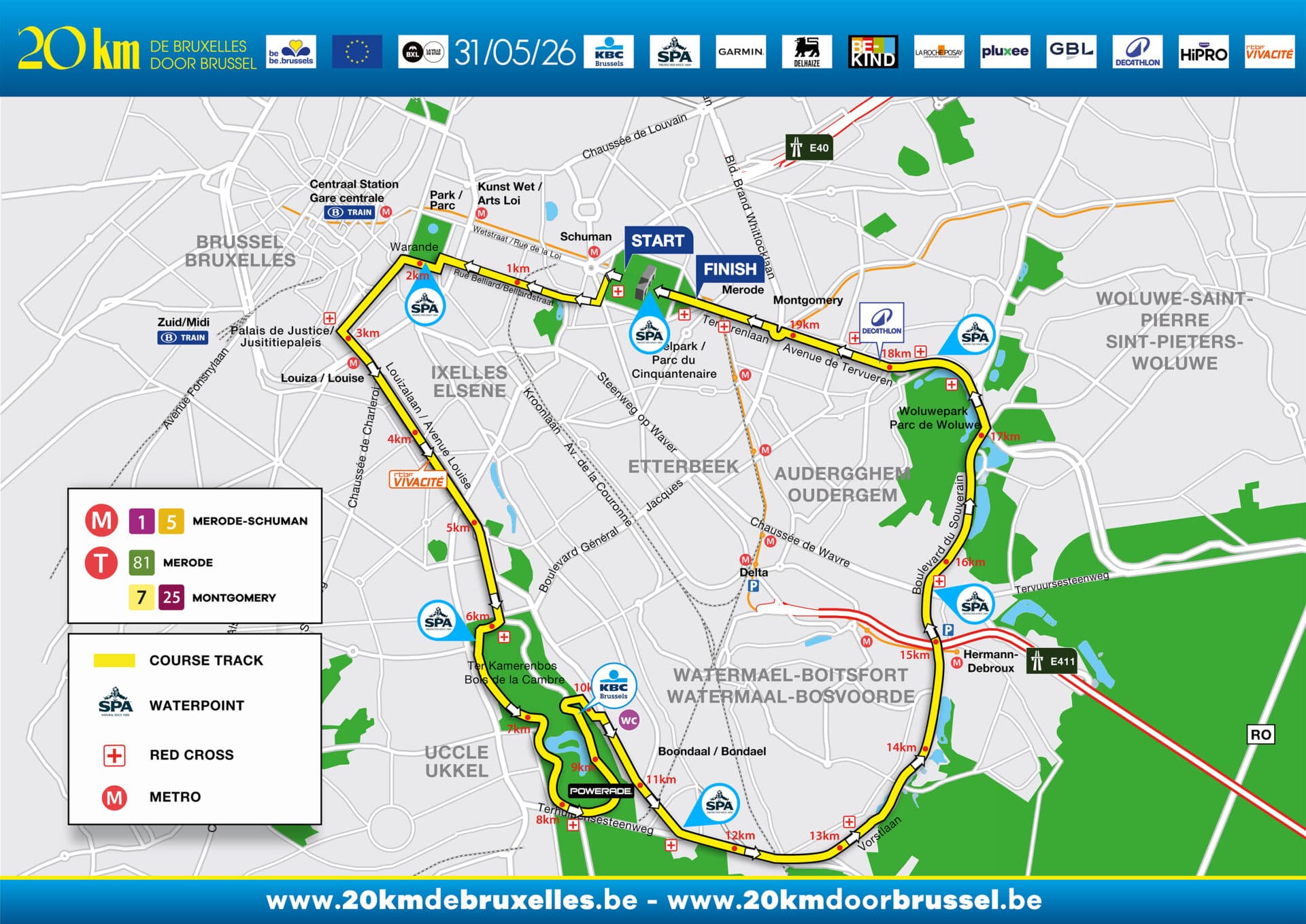 Carte du parcours officiel des 20 km de Bruxelles 2026