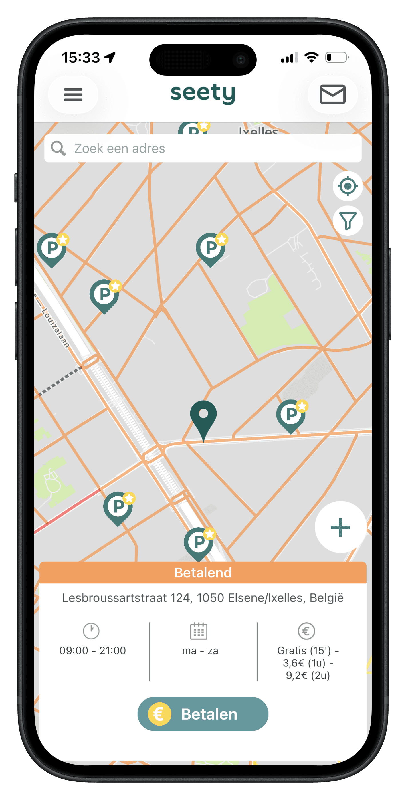 Seety-appweergave om parkings in Brussel te zoeken