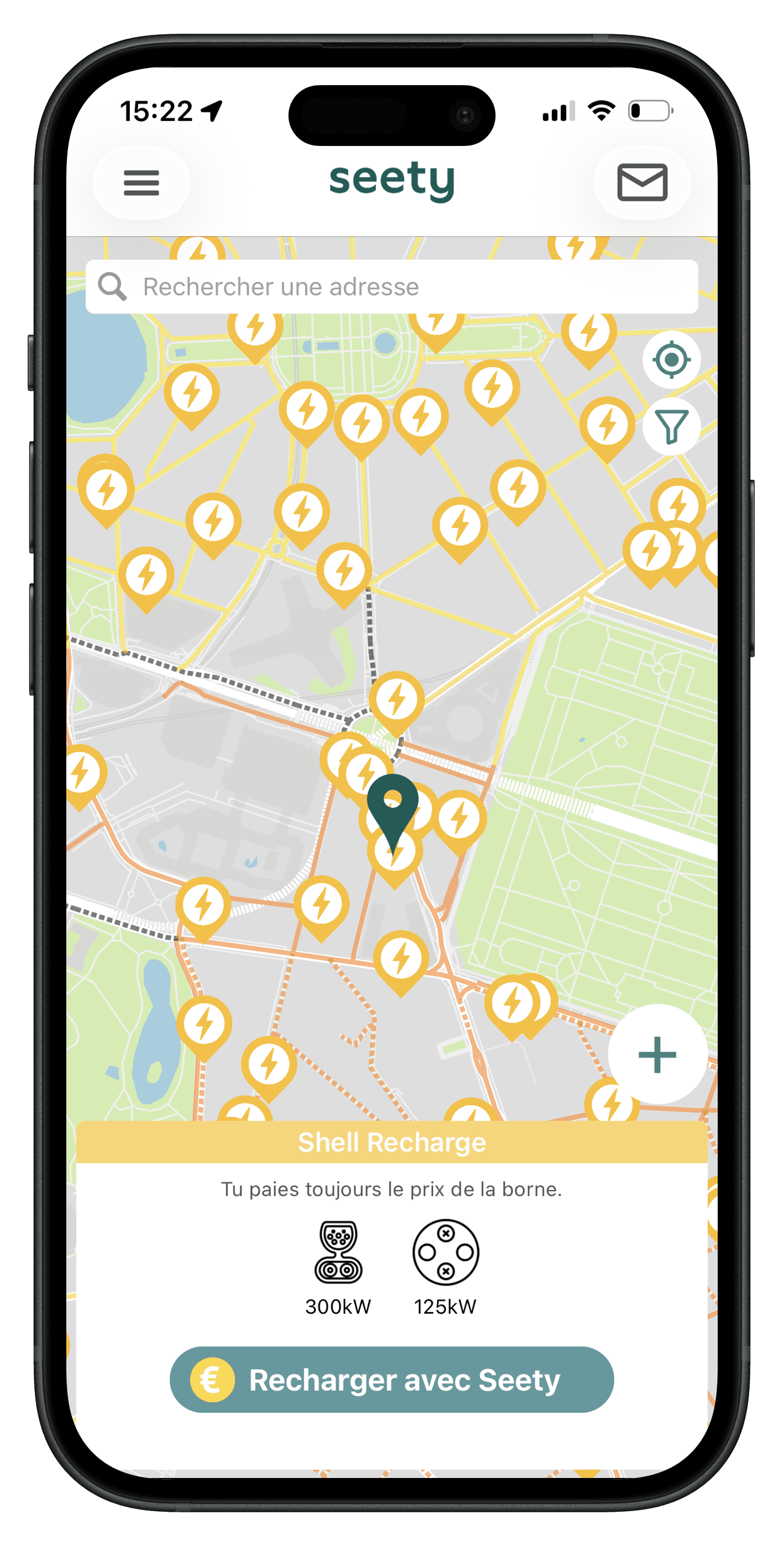 Vue de l'app Seety pour préparer une recharge EV